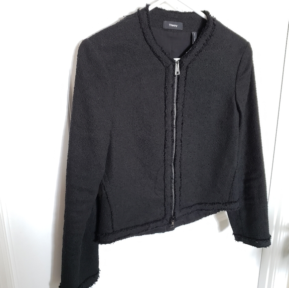 Theory Black Fringe Tweed Jacket Sz M - Picture 3 of 11